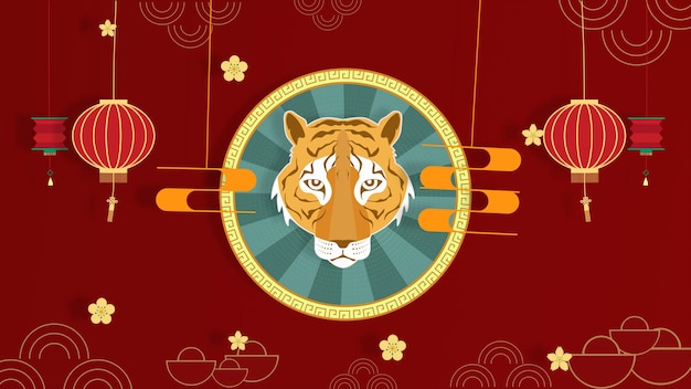 Chinese new year 2022 year of the tiger. chinese new year background with golden fireworks on red background. concept for holiday banner, chinese new year celebration background decoration.