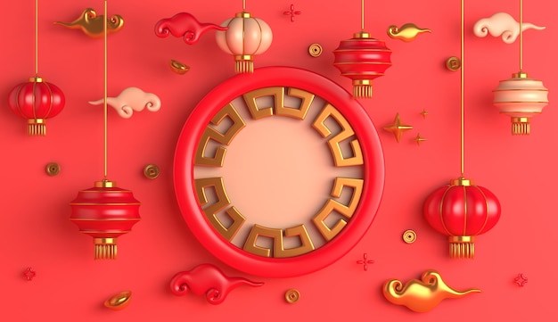 Chinese new year background 2022 with lantern chinese gold coin frame