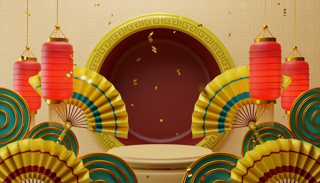 Chinese new year background with fans 3d illustration