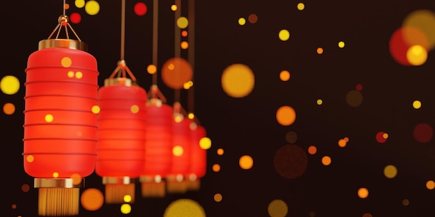 Китайский новогодний фон с лампами и огнями боке 3d иллюстрация