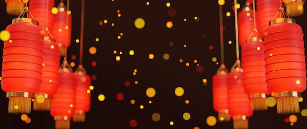 Chinese new year background with lamps and bokeh lights 3d illustration