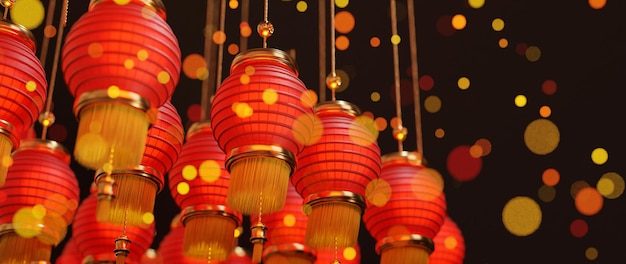 Chinese new year background with lamps and lights 3d illustration