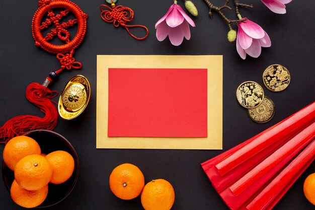 Макет китайской новогодней открытки с мандаринами и магнолией