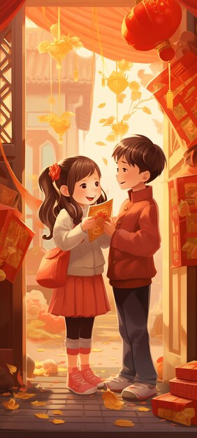 Chinese new year celebration scene in anime style