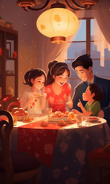 Chinese new year celebration scene in anime style