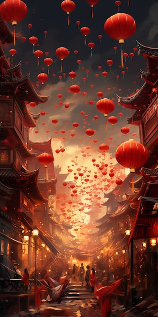 Free photo chinese new year celebration scene in anime style