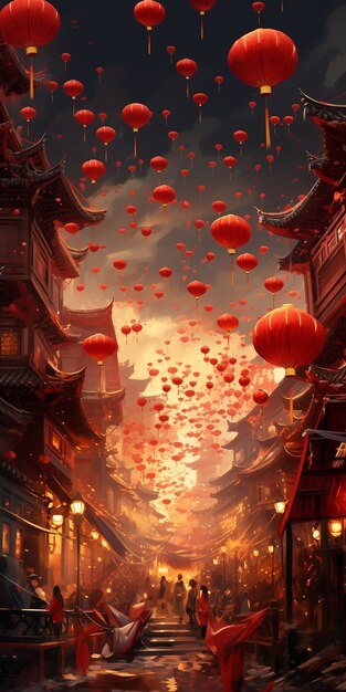 Китайская сцена празднования Нового года в стиле аниме