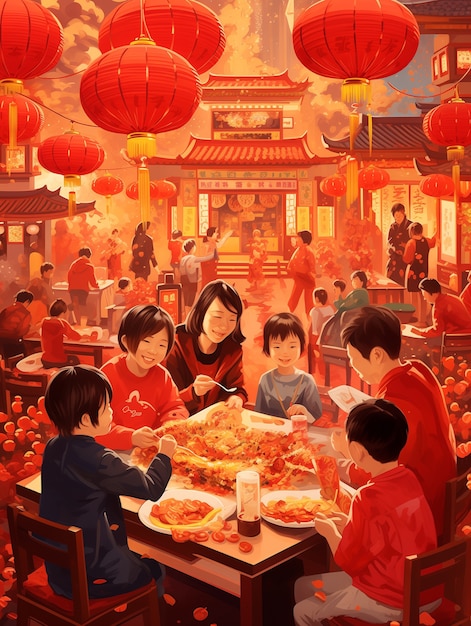 애니메이션 스타일의 중국 신년 축제 장면