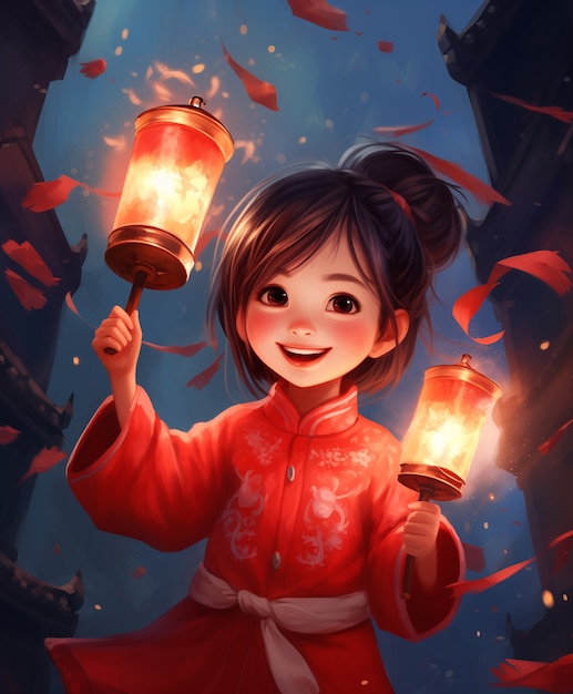 Китайская сцена празднования Нового года в стиле аниме