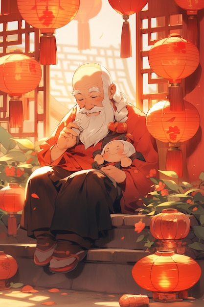 Chinese new year celebration scene in anime style