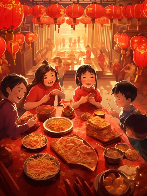 アニメスタイルの中国新年祝いのシーン