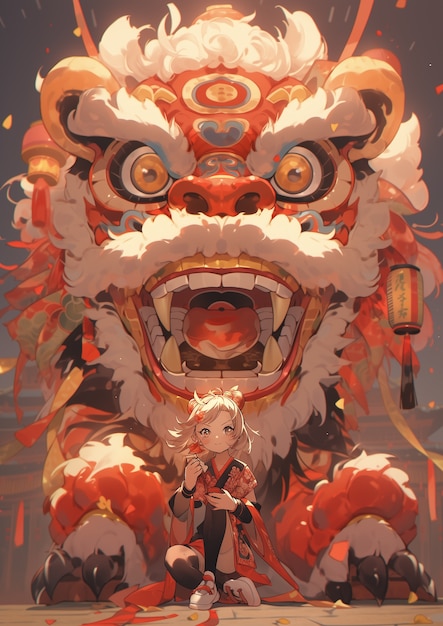 Chinese new year celebration scene in anime style