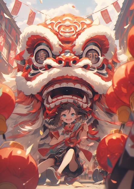 Chinese new year celebration scene in anime style