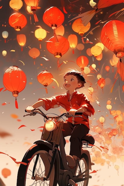 アニメスタイルの中国新年祝いのシーン