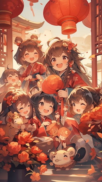 Chinese new year celebration scene in anime style