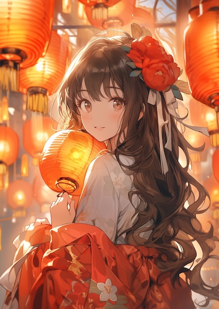 Chinese new year celebration scene in anime style