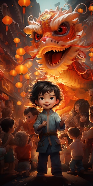 Бесплатное фото Китайская сцена празднования нового года в стиле аниме