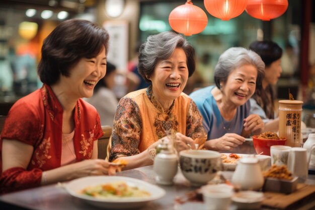 Chinese new year reunion dinner scene with delicious food