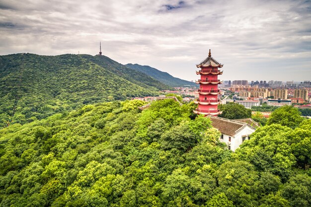 chinese old tower on the mountain