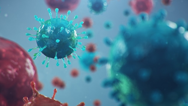 Chinese pathogen called coronavirus or covid-19, as a type of flu. outbreak of coronavirus, human cells, the virus infects cells. concept of a pandemic, atypical pneumonia. 3d illustration