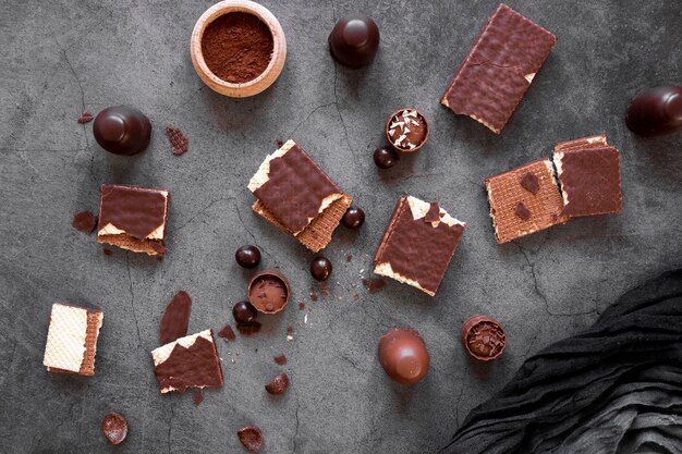 Chocolate assortment on dark background
