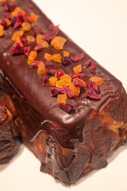 A delicious chocolate bread display at a vibrant supermarket