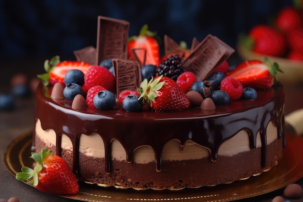 숲의 과일 블루베리 딸기와 블랙베리 아이생성으로 장식한 초콜릿 케이크