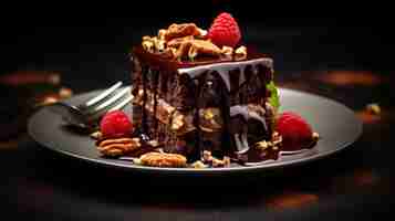 Free photo chocolate cake oozes with rich ganache on sleek plate