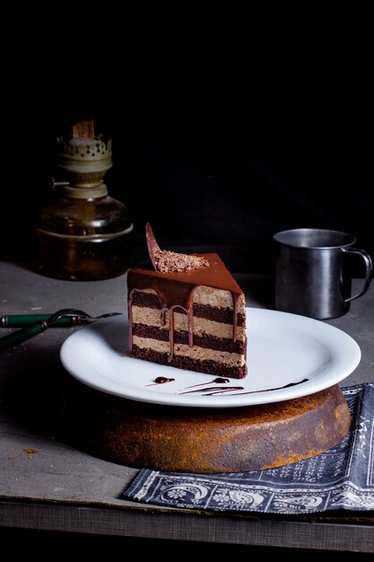 Chocolate cake slice with cacao cream topped with chocolate sauce