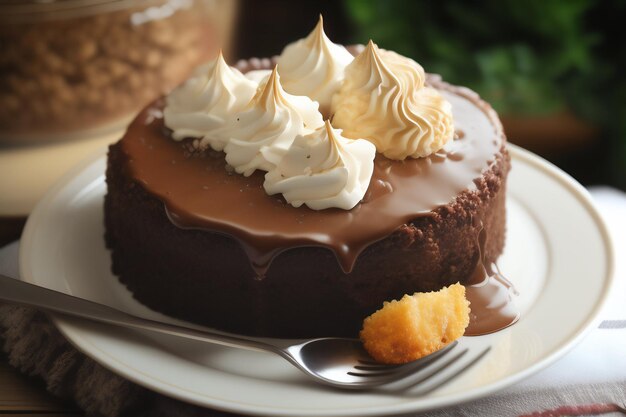 A chocolate cake with caramel sauce and whipped cream on top.