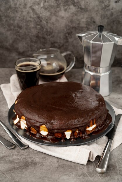 Chocolate cake with fresh coffee