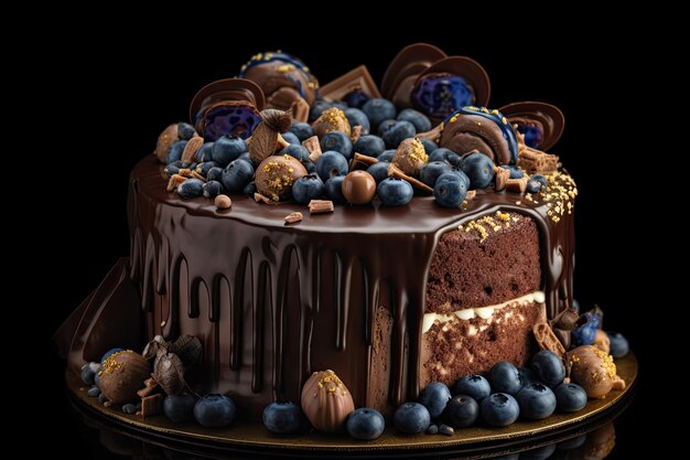 Chocolate cake with liquid chocolate coating decorated with biscuits and blueberries on a black background Ai generative