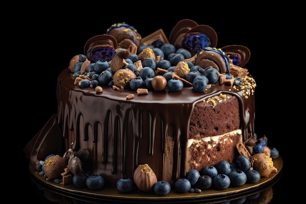 Chocolate cake with liquid chocolate coating decorated with biscuits and blueberries on a black background Ai generative
