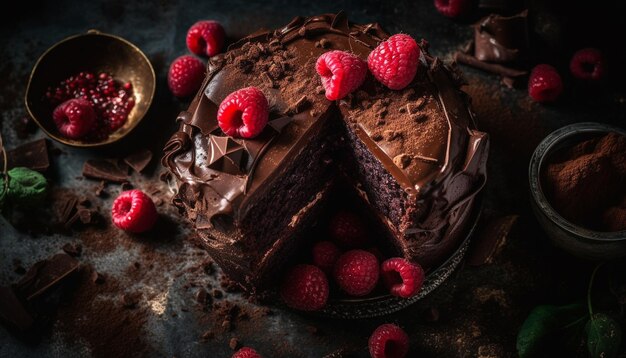 A chocolate cake with raspberries on top