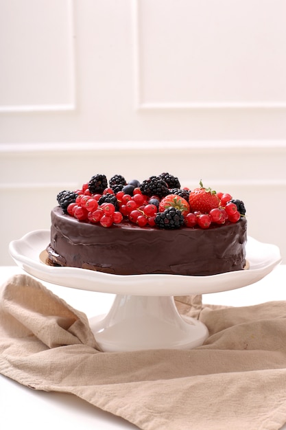 Chocolate cake with red and black currant