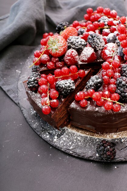 Chocolate cake with red and black currant