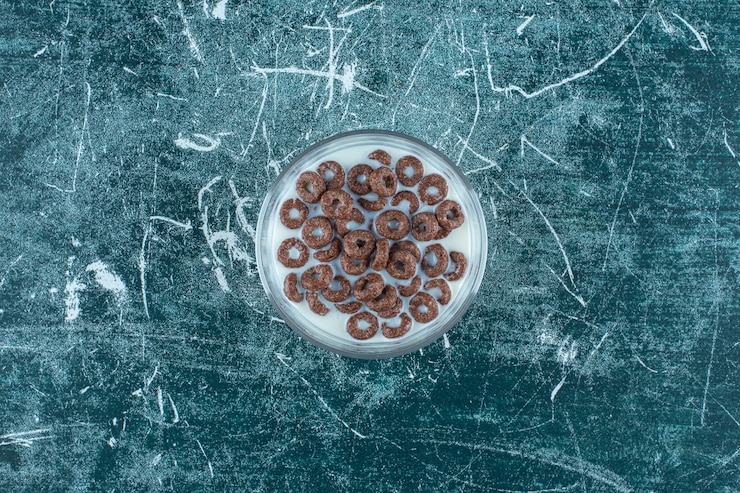 無料Photo チョコレートシリアルフレークは、青い背景のガラスのボウルにミルクとリングします。高品質の写真