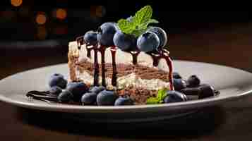 Free photo chocolate cheesecake with white cake and blueberries artfully plated