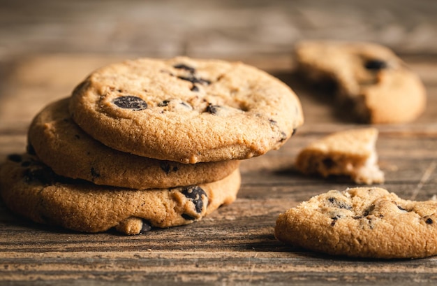 Chocolate chip cookies close up on a wooden background