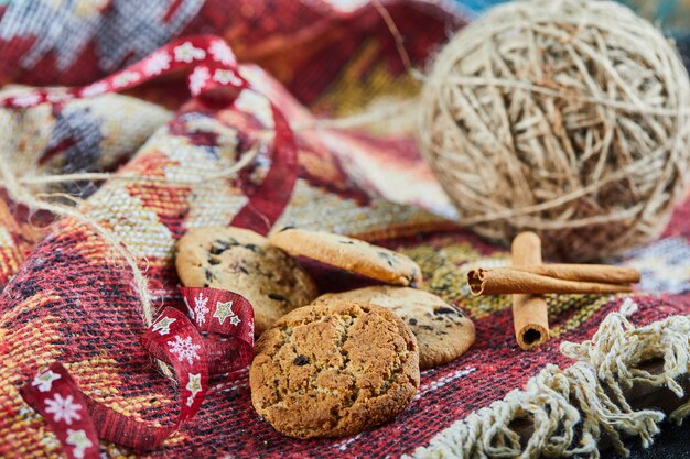 Chocolate chips cookies on a carved colorful rug