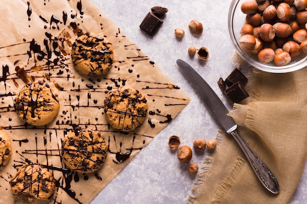 Chocolate cookies and hazelnuts