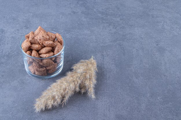 Chocolate corn pads in a glass next to pampas grass, on the blue table.