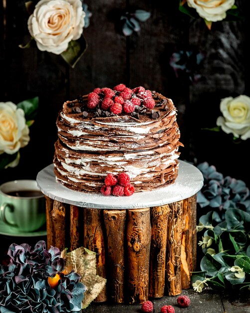 초콜릿 크림과 나무 딸기와 초콜릿 크레페 케이크