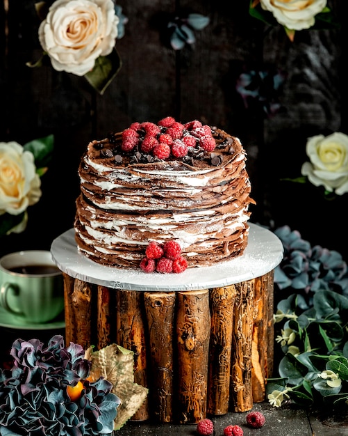 Chocolate crepe cake with chocolate cream and raspberries