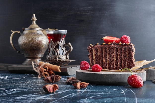 Chocolate crepe cake with raspberries. 