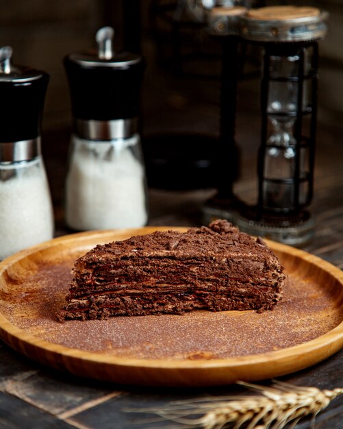 Chocolate dessert and glass with sugar