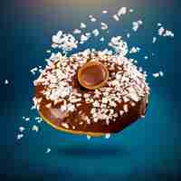 Бесплатное фото Шоколадный пончик с кокосовой стружкой, летающий в воздухе на синем