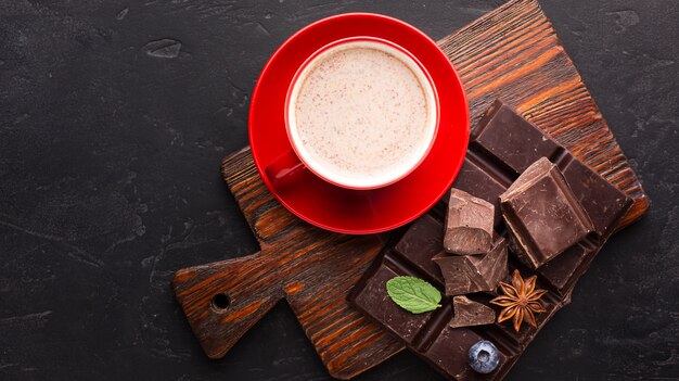 Chocolate drink in flat lay