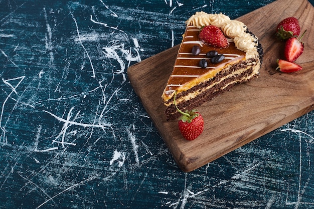 Chocolate ganache cake slice, top view. 