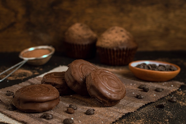 Chocolate glazed biscuits with blurred background